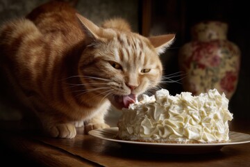 Ginger cat enjoying a creamy cake