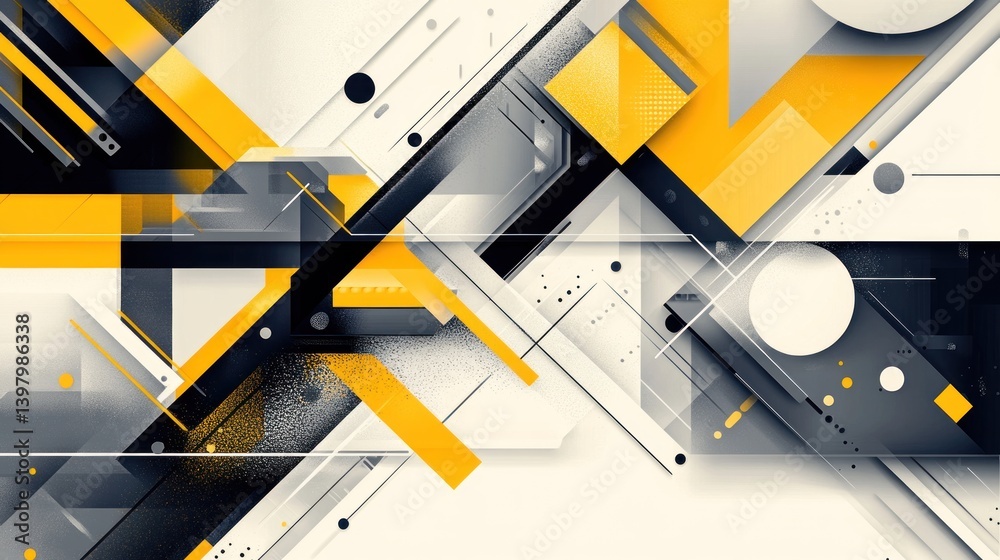 Poster abstract futuristic geometric composition featuring dynamic shapes and lines in a modern yellow gray