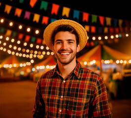 Fototapeta premium Smiling man in straw hat at night Festa Junina fair