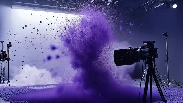 Purple powder explosion captured in studio setting