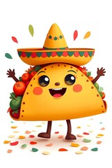 Fototapeta premium Cute cartoon taco character with arms and face wearing sombrero and surrounded by colorful confetti