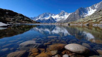 Serene mountain lake reflecting peaks. Crystal-clear water, rocky shoreline, snow-capped Alps