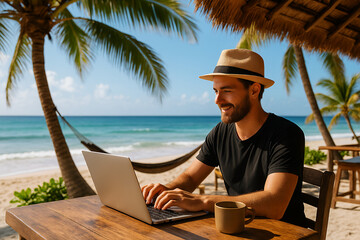 Fototapeta premium man on the beach with laptop