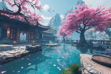 Soft pastel style depicting serene VR environments stress relief anxiety reduction part of Virtual Reality Therapy in mental health treatment