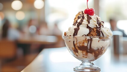 Ice cream sundae with cherry and chocolate sauce on a table.