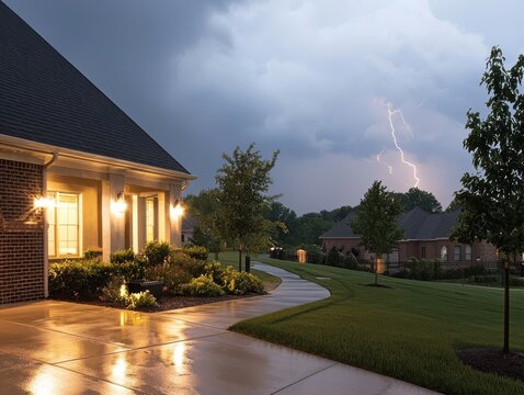 A serene suburban landscape illuminated by warm lights under a dramatic thunderstorm.