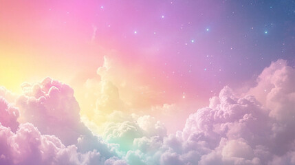 Pastel sunset sky with fluffy clouds and stars.