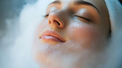 Close-up of serene woman's face during facial steam treatment.