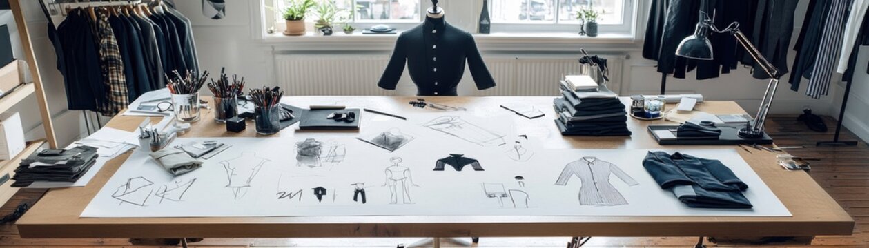 Stylish fashion design workspace with sketches and clothing laid out on a modern table.