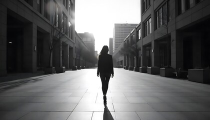Silhouette of a woman walking down a city street.