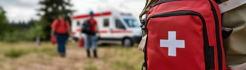 Red first aid kit in the foreground with emergency responders in action.
