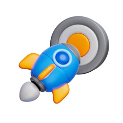 3D icon of a rocket hitting a target, indicating goal achievement and market success.