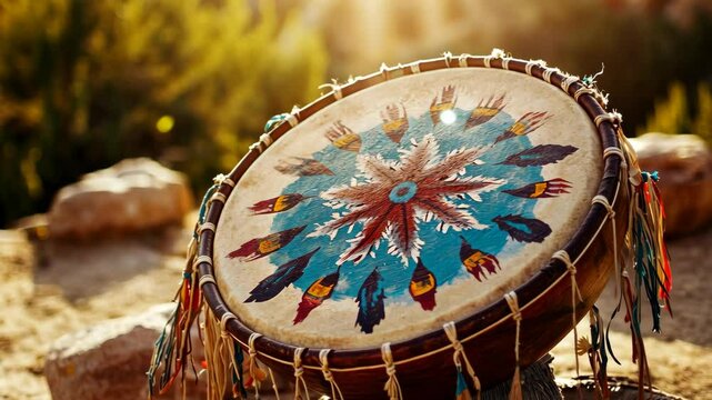 Colorful hand-painted drum with intricate designs resting on a rock in natural light during sunset