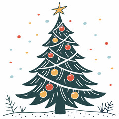 Festive Hand Drawn Cartoon Christmas Tree Red Gold Ornaments Star Snow Vector Illustration