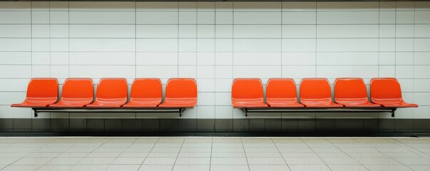 Modern waiting area with bright orange seats in a minimalist subway station setting.