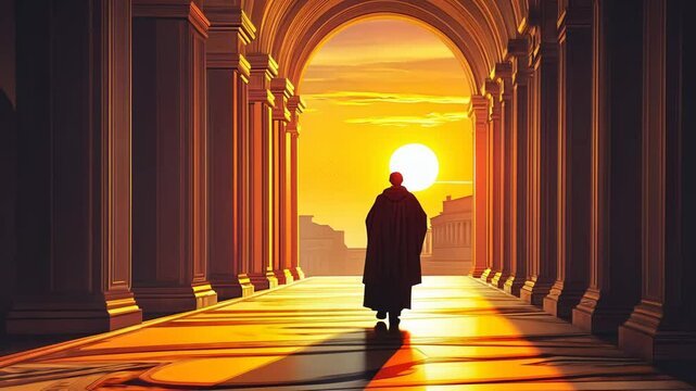 Light Through the Doorway Silhouette of a Priest in Cassock and Vestments Symbolizing Freedom and Faith in a Church Setting