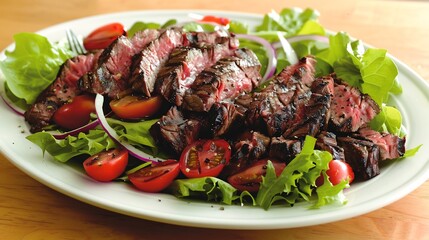 Protein packed grilled steak salad mixed greens cherry tomatoes red onions and a zesty vinaigrette served fresh