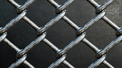 Close-up of a shiny chainlink fence against a blurred background. Metal security.