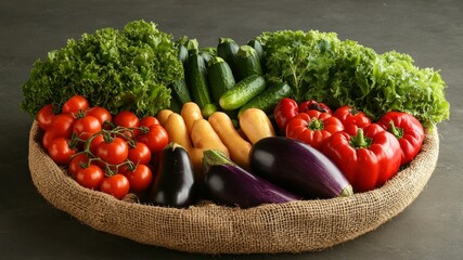 Burlap basket filled with fresh vegetables: lettuce, zucchini, tomatoes, eggplants.