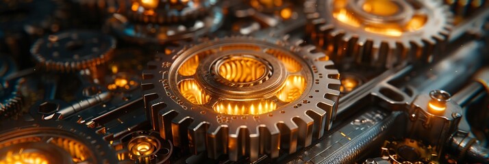 Steampunk style showing healthcare system represented mechanical gears battling an onslaught of Cyber Threats in Healthcare mixing vintage and tech aesthetics