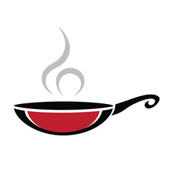 Red frying pan with a spoon in a kitchen setting, ideal for food and cooking illustrations, representing a meal, restaurant, and breakfast in a vector design style