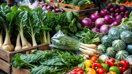 Fresh Healthy Greens Vegetables at Farmers Market Stall. AI Generative.