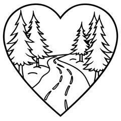 Line Art of a Heart-Shaped Forest Path