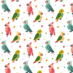 Children's seamless pattern with budgies of green, pink, blue and yellow colors, with feathers on the head of a pink, blue and yellow parrots