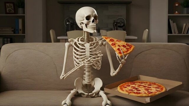 Skeleton eating pizza funny illustration