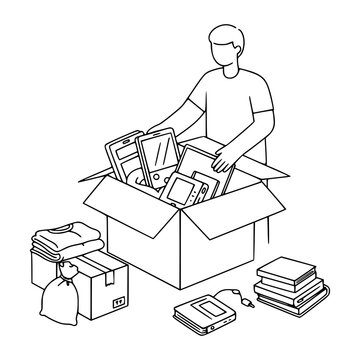 person packing box electronics, clothes, books clip art preview