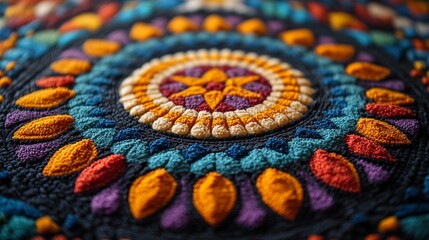 Close-up of a vibrant, multicolored crocheted mandala design with intricate details and textures.