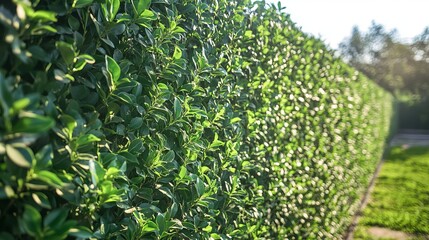 Naklejka premium Lush Green Hedge Natural Foliage Vibrant Spring Summer Garden Background Texture Dense Greenery Outdoor Nature Bright Sunlight Perfect for Landscaping