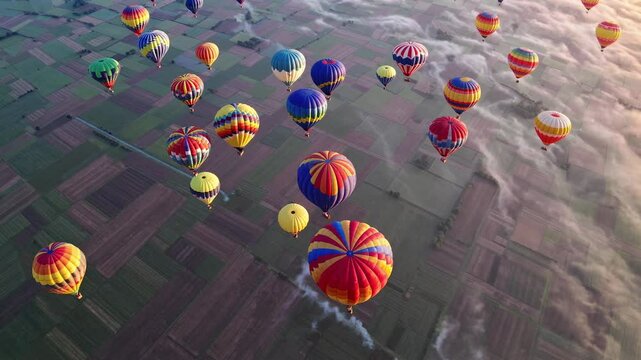 Dawn Aerial of Dozens of Colorful Hot Air Balloons Drifting Above Mist-Layered Valley