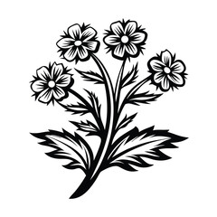 Decorative Black and White Flower Blossom with Leaves and Stem Design