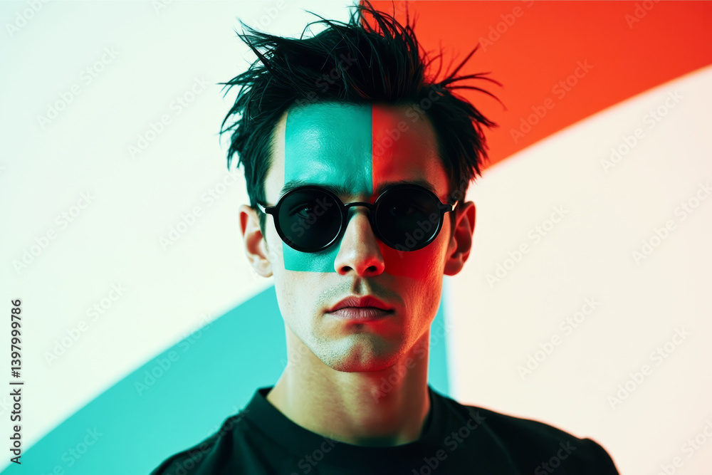 Leinwandbilder portrait of man with sunglasses and bold face paint in modern light on abstract colorful background 