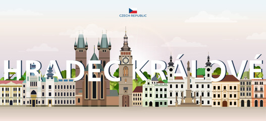 Obraz premium Hradec Kralove cityscape colorful vector illustration with big city name on the background. Travel trendy poster