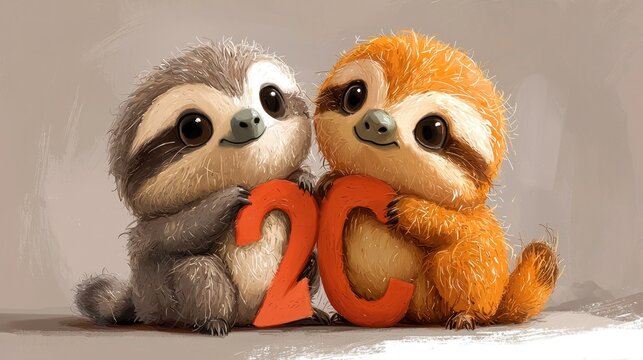 Adorable Sloths Holding 2C: A Digital Painting of Cute Sloths Embracing the Letters 2 and C, Symbolizing Togetherness and Playfulness