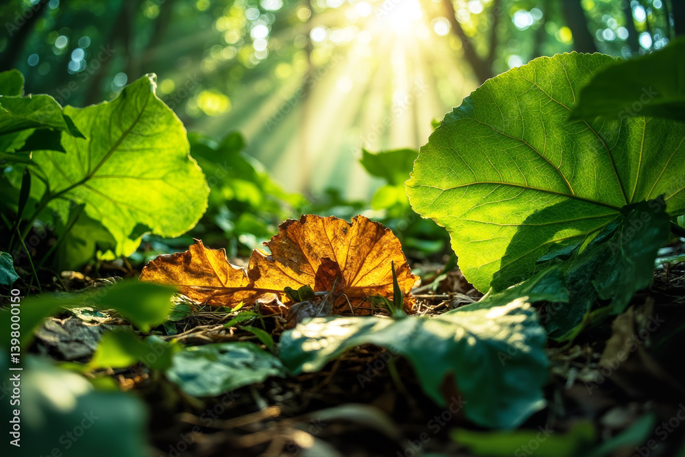 Poster Sunlight filtering through green forest leaves with a dry leaf in focus on forest floor, creating a warm and creative natural background scene.