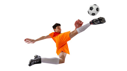 Focused man, soccer player in orange uniform stretching into wide kick in surreal cut-out collage...