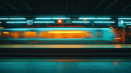 Obraz premium Train in Motion at Subway Station with Neon Lights and Vibrant Colors