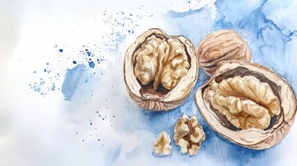 Fototapeta premium Watercolor illustration of walnuts in their shells on a blue background