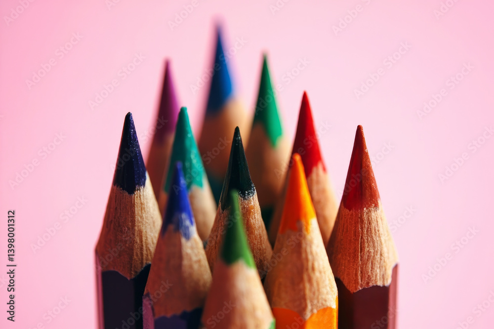 Poster close-up of sharpened multicolored pencils arranged tightly together with focus on tips against soft