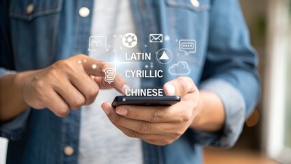 Multilingual Language Translation, Communication Concept. A person with icons various languages, global language translate, multilingual technology, and international connections. AI Translator,