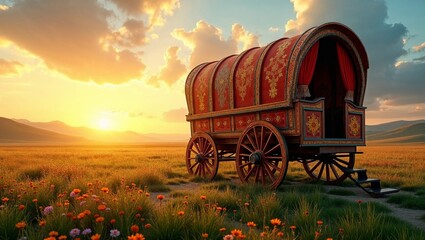 Ornate gypsy caravan glowing in the sunset surrounded by wildflowers