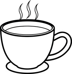 Outline of Hot Cup with Steaming Liquid on Saucer, Monochrome Simple Design