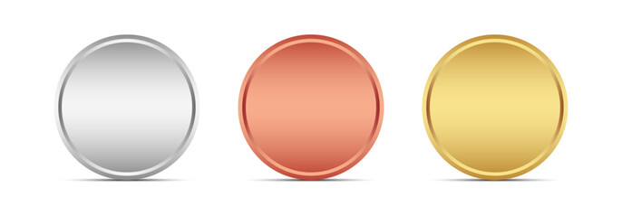 silver, bronze and gold blank medals 3d vector 