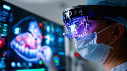 Dentist analyzing a complex, futuristic digital interface displaying a detailed 3D scan