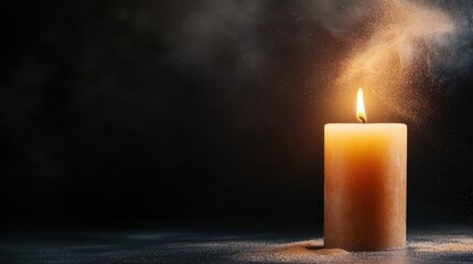 A mystical image showcasing a candle with a clear flame amidst gently swirling dust and a dark backdrop, hinting at beauty, magic, and the mystery of light and shadows.