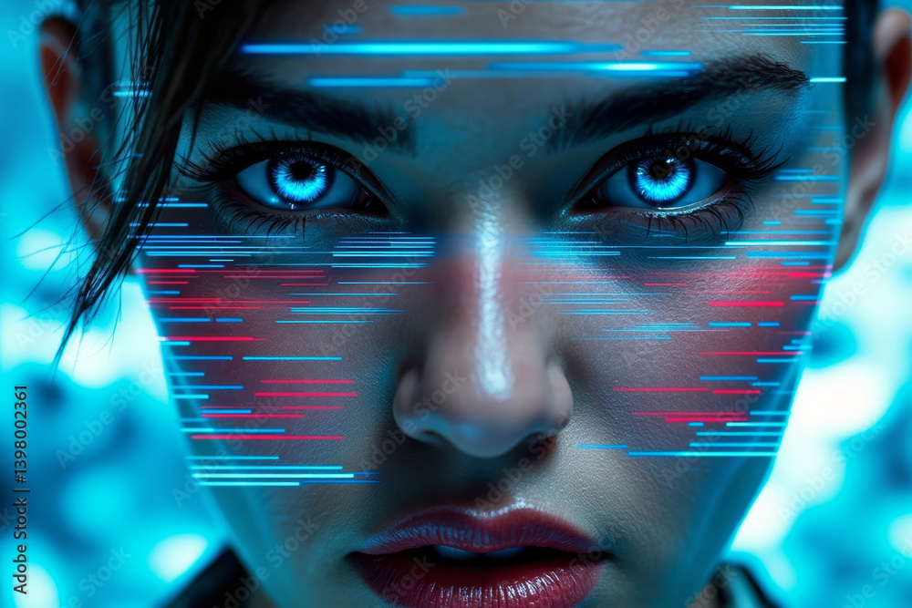 Poster Futuristic cyber face with glowing blue eyes and digital scan lines on abstract light background representing advanced technology concept.