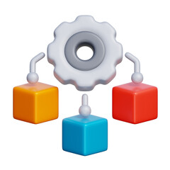 3D icon of a gear connecting with colored cubes, representing task distribution, workload balancing, and resource management.
